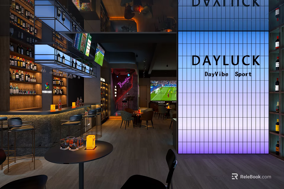 Modern Sports Bar Interior With Wine Racks TV Neon Sign And Seating 3d model 