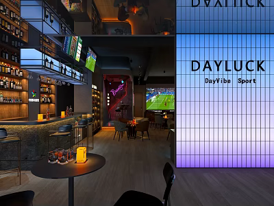 Modern Sports Bar Interior With Wine Racks TV Neon Sign And Seating 3d model