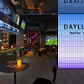 Modern Sports Bar Interior With Wine Racks TV Neon Sign And Seating