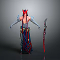 Fantasy Style Character With Red Horns Flowing Decorative Robe And Red Sword 3d model
