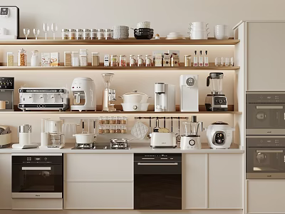 Modern Kitchen Interior With Various Appliances White Cabinets And Storage Shelves 3d model