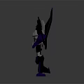 Purple and Black Transformer Toy with White Accents Mechanical Wings and Weapons in Standing Pose