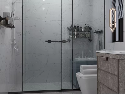 Modern Minimalist Bathroom With Marble Tiles Black Framed Glass Shower And Complete Functional Fixtures 3d model