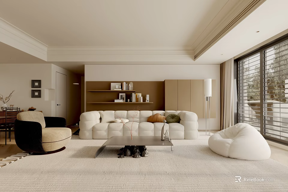 Modern Living Room with Beige Sofa Black Armchair Glass Coffee Table Bookshelf and Floor Lamp 3d model 