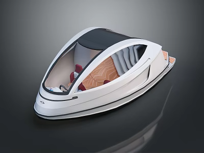 Modern Sleek White Boat With Transparent Roof Red Seats And Wooden Floor 3d model