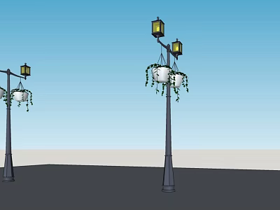 Outdoor Lights on Decorative Lamp Posts with Hanging White Flower Pots and Green Vines 3d model