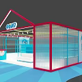 Bright Retail Store Interior Design With Red Frame Blue Shelves And Display Stand
