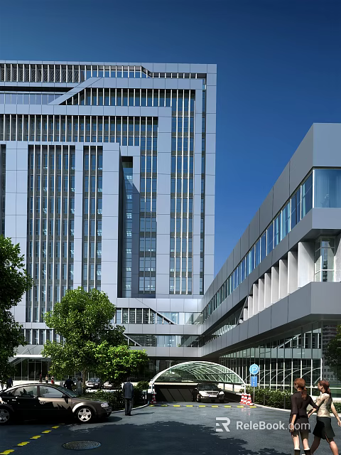 Modern High Rise Office Building With Glass Curtain Wall And Green Trees 3d model 