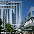 Modern High Rise Office Building With Glass Curtain Wall And Green Trees
