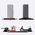 Silver And Black Kitchen Range Hoods With Pots Kettles On Stove Appliances