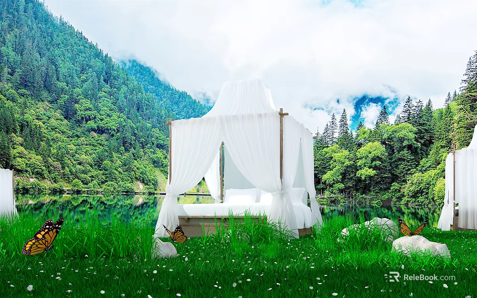 Outdoor Double Bed With White Canopy In Green Mountain And Lake Scenery 3d model 