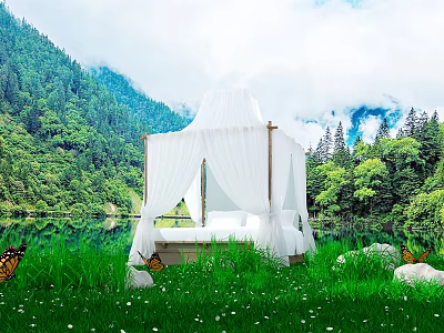 Outdoor Double Bed With White Canopy In Green Mountain And Lake Scenery 3d model