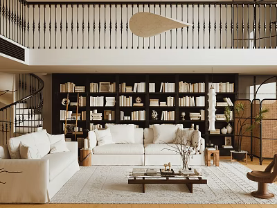 Modern Duplex Living Room Interior With White Sofas Built-in Bookshelves Spiral Staircase And Pendant Light 3d model