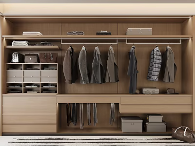 Modern Minimalist Wardrobe Interior with Hanging Coats Shirts Drawers and Storage Boxes 3d model