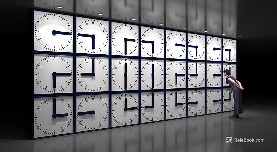 Large Clock Wall With Multiple Gridded Clocks Showing Different Times And Person Observing 3d model 