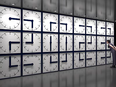 Large Clock Wall With Multiple Gridded Clocks Showing Different Times And Person Observing 3d model