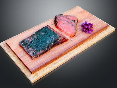 Two Green and Pink Meat Pieces with Purple Flower Garnish Served on Wooden Board 3d model