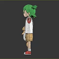 Green Haired Girl Character With Red White Sleeves And Teddy Bear Plush Companion