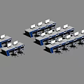 Modern Console Desk With Three Blue Chairs Monitors And White Blue Design