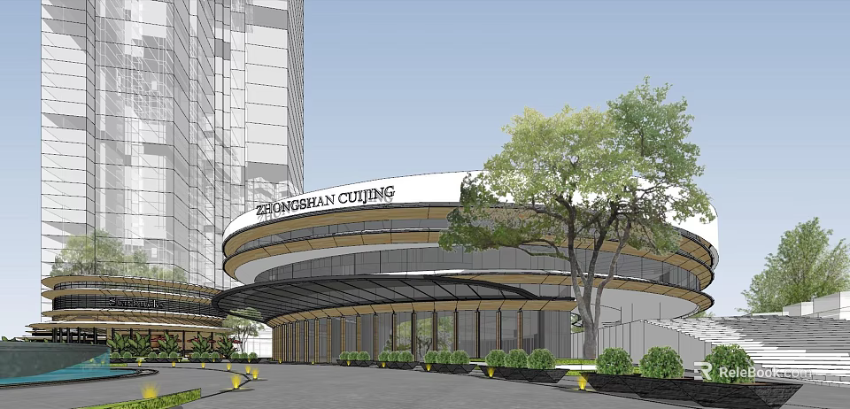ZHONGHAOAN CUIPING Building Modern Architectural Design With Curved Roof Trees And Parking Area 3d model 