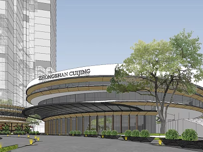 ZHONGHAOAN CUIPING Building Modern Architectural Design With Curved Roof Trees And Parking Area 3d model