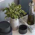 Stylish Gray Kitchenware Collection On Shelves With Wooden Cutting Board And Green Plant