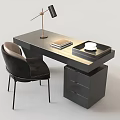 Modern Black Desk And Chair Set With Table Lamp Books And Tray