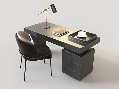 Modern Black Desk And Chair Set With Table Lamp Books And Tray 3d model