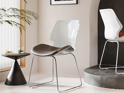 Modern Transparent Dining Chairs With Metal Legs And Small Round Table In Minimalist Interior 3d model