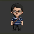 3D Cartoon Boy Character With Glasses Blue Striped Shirt And Brown Sling Bag