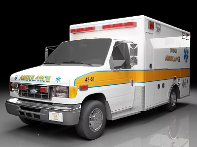 White Ambulance with Yellow and Blue Stripes Red Emergency Lights and AMBULANCE Lettering 3d model