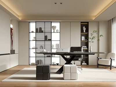 Modern Study Room Interior With Lattice Bookshelf Writing Desk Laptop Office Chair And Potted Plant 3d model