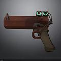 Red Sci Fi Gun With Green Glowing Sights And Brown Grip Mechanical Design