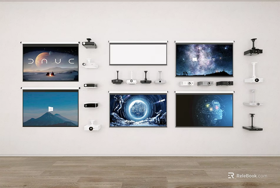 Wall Mounted Projection Screens And Security Cameras Monitoring Equipment Display Systems Setup 3d model 