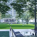 Modern Pergola Design In Outdoor Garden With Green Lawn And Trees