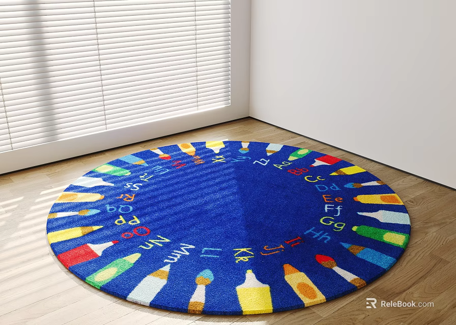 Colorful Round Rug With Letters And Crayon Patterns For Kids Room Wooden Floor 3d model 