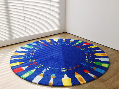 Colorful Round Rug With Letters And Crayon Patterns For Kids Room Wooden Floor 3d model