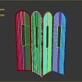 Red Folding Room Divider With Four Panels And Vertical Stripe Cutout Design