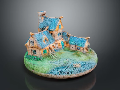 Cute Cottage Model With Blue Roofs Yellow Walls Small Windows And Green Grass 3d model