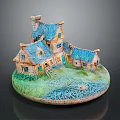 Cute Cottage Model With Blue Roofs Yellow Walls Small Windows And Green Grass