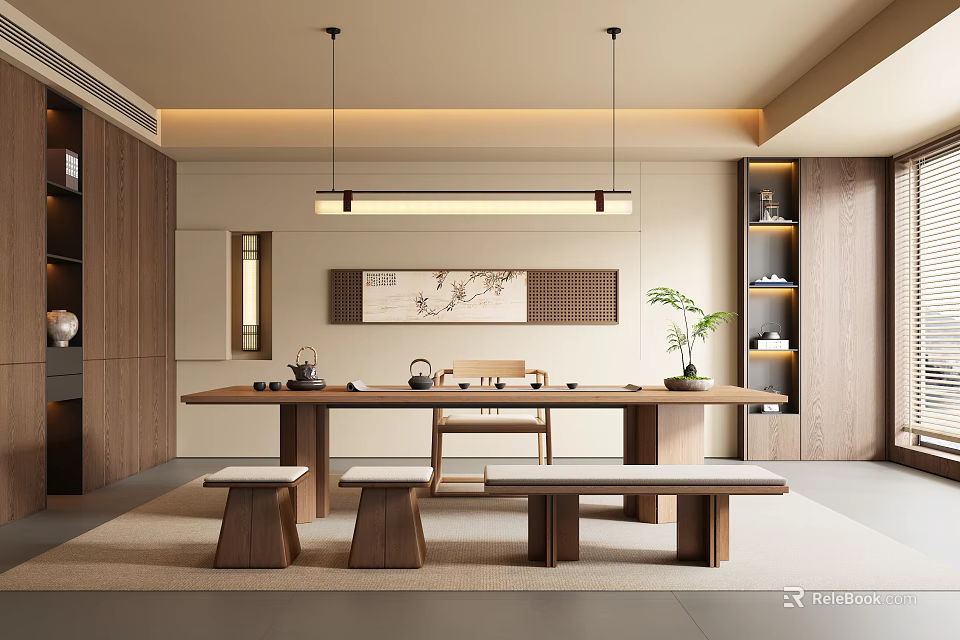 Modern Tea Room With Long Wooden Table Benches Wooden Bookshelves Wall Art And Tea Sets 3d model 