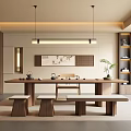 Modern Tea Room With Long Wooden Table Benches Wooden Bookshelves Wall Art And Tea Sets