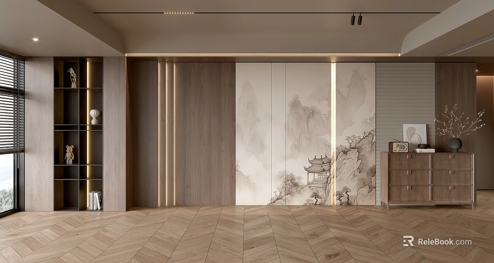 Modern Sofa Background Wall Design With Wooden Panels And Chinese Landscape Painting 3d model 