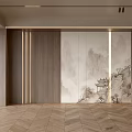 Modern Sofa Background Wall Design With Wooden Panels And Chinese Landscape Painting