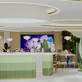 Modern Restaurant Interior With Curved Design Green Plants Gold Accents And Sculpture