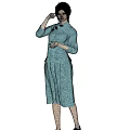 Light Blue Cheongsam Woman With Mandarin Collar Frog Buttons And Updo Hairstyle