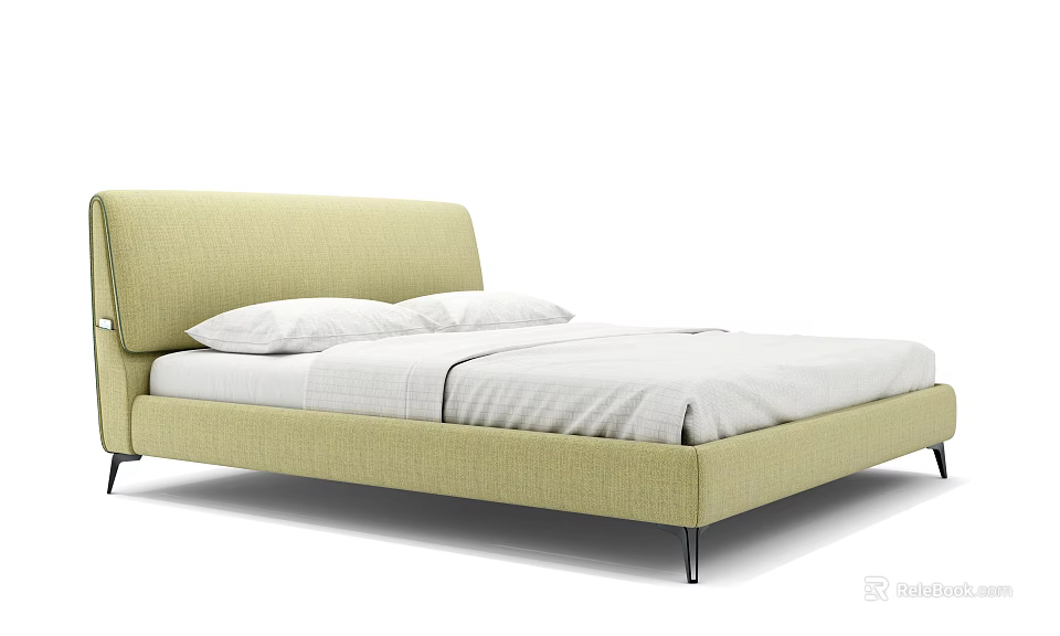 Modern Double Bed With Light Green Headboard White Mattress And Black Slim Legs 3d model 