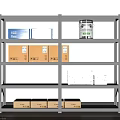 Gray Metal Storage Shelving Unit with Blue Boxes Brown Cardboard Boxes and a Can 3d model