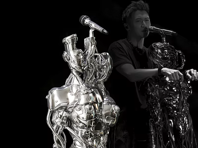 Silver Mechanical Humanoid Audio Speaker Stands With Person Using Microphone 3d model