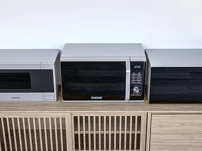 Modern Kitchen Appliances Including Microwave And Oven On Wooden Countertop 3d model
